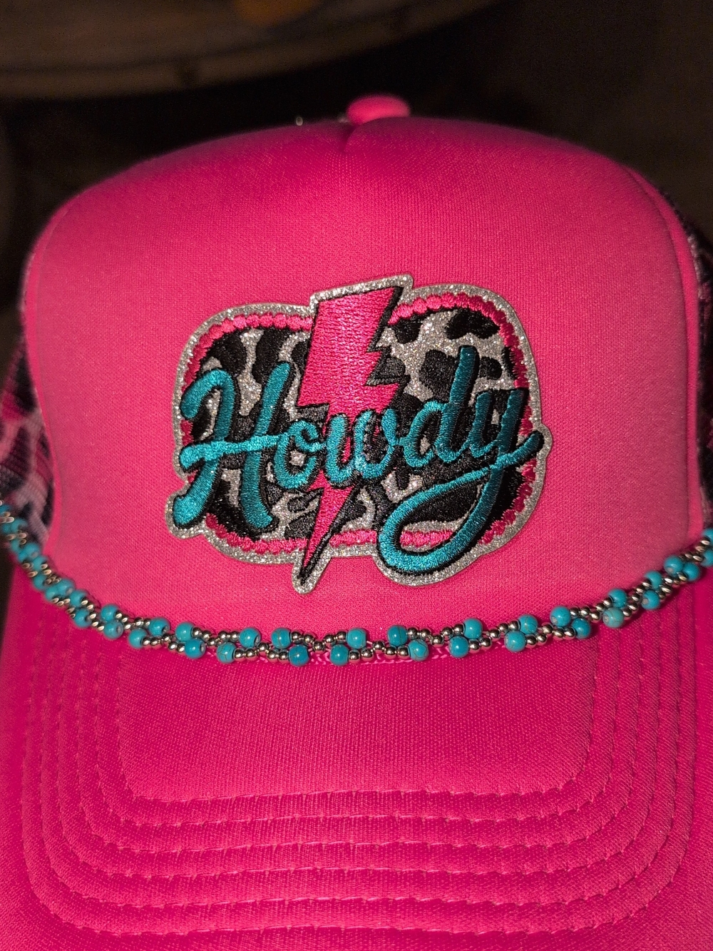 Howdy Embroidered Pink Trucker Hat with Turquoise Bead Trim